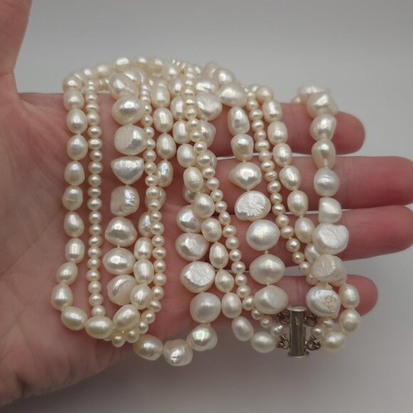 Jewelry - 19 Inch Sterling Silver Triple Strand Genuine Pearls Necklace B212